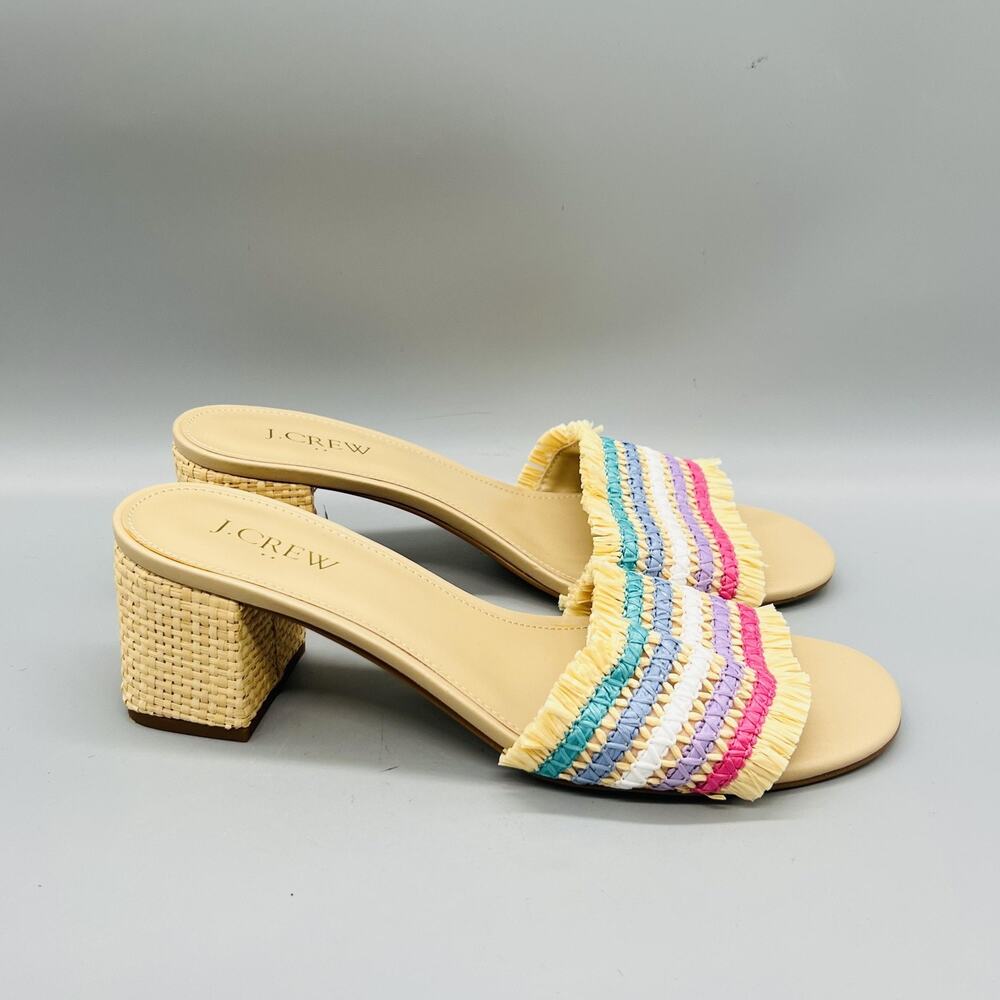 J Crew Sandals Womens 8.5 Multicolor Raffia Fringe Slide Woven Block Heel Shoes